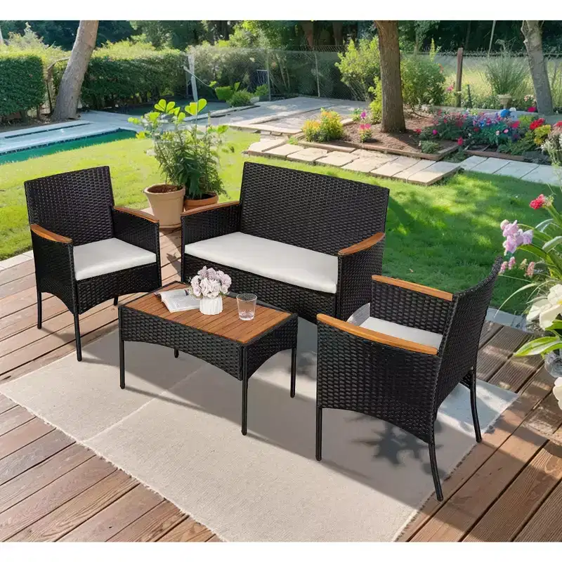 Celebalcony 4-Piece Patio Furniture Set, Outdoor Wicker Patio Conversation Furniture Set with Cushions and Wooden Tabletop for Paito Lawn Pool, Black