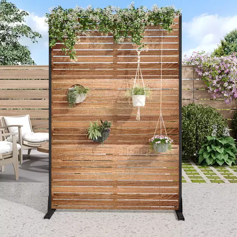 MAYEERTY 72 inch Room Divider with Galvanized Frame Wood Gain Privacy Screen Garden Fence Patio Beige