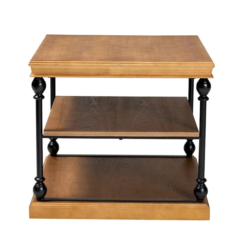 Traditional Industrial Wood and Black Metal 3-Tier End Table