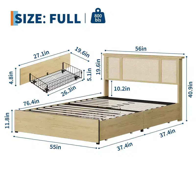 Bed Frame with Natural Rattan Headboard, Queen Size, 4 Storage Drawers, Wooden Slats, Boho-Style Cane Support, Metal Base