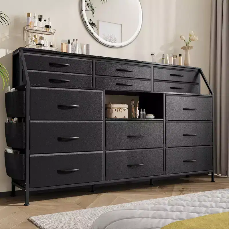 Dresser TV Stand with 14 Fabric Drawers, Bedroom Dresser with Metal Frame and Wood Top Open Shelves for Bedroom for Living Room, Bedroom, Closet