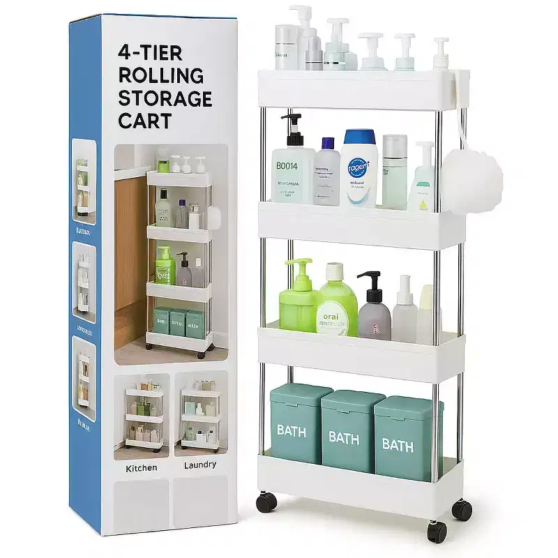 4-Tier Narrow Sliding Storage Organizer Rack - White Utility Cart