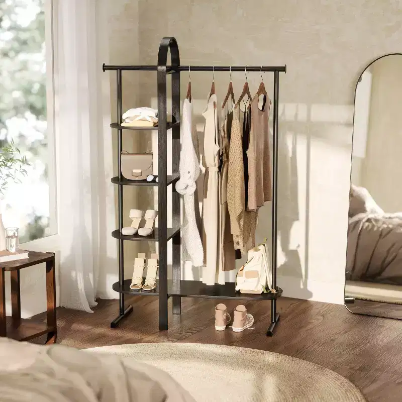 Eucalyptus Garment Rack, Black, Fixed Rod & 4 Shelves, 65.74