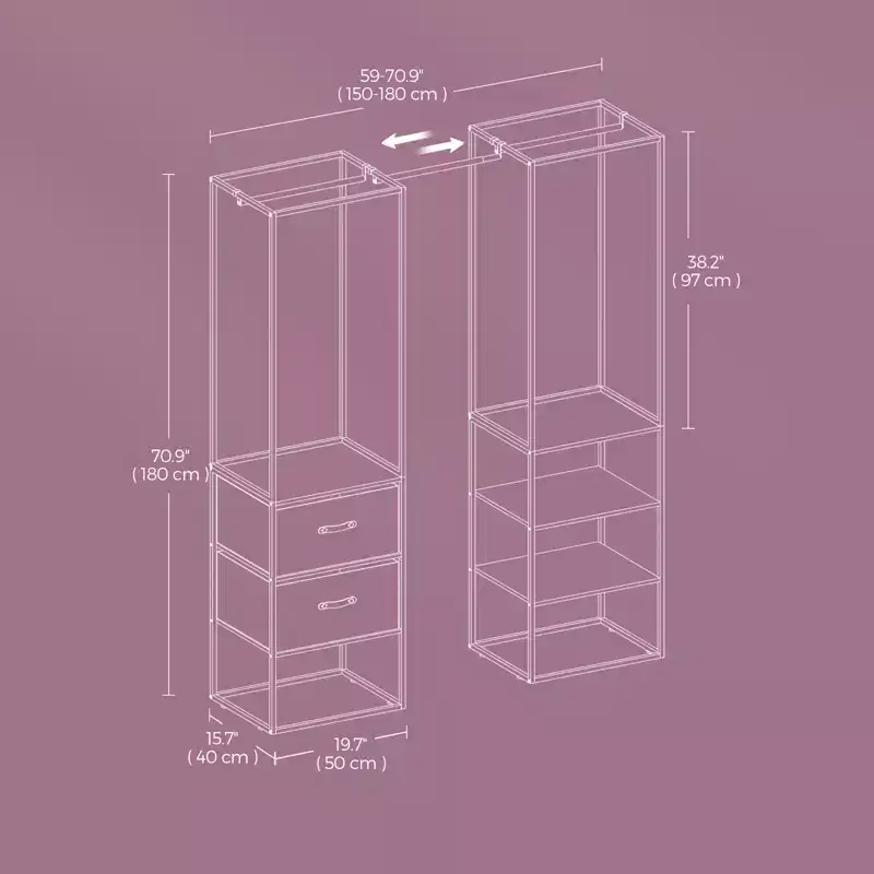 Freestanding Closet Heavy Duty Garment Rack 70.9 Inch Clothes Rack with 1 Extendable Hanging Rod, 2 Drawers, and 4 Shelves, Rustic Brown