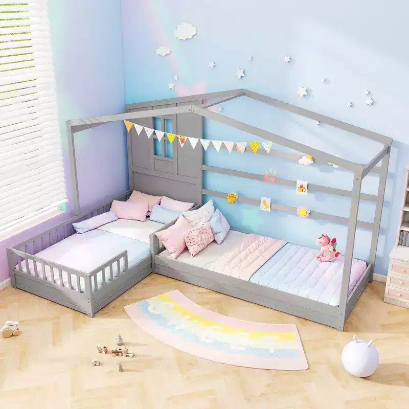L-Shaped Double Twin Beds House Platform Beds with Window & Fences — Gray/White