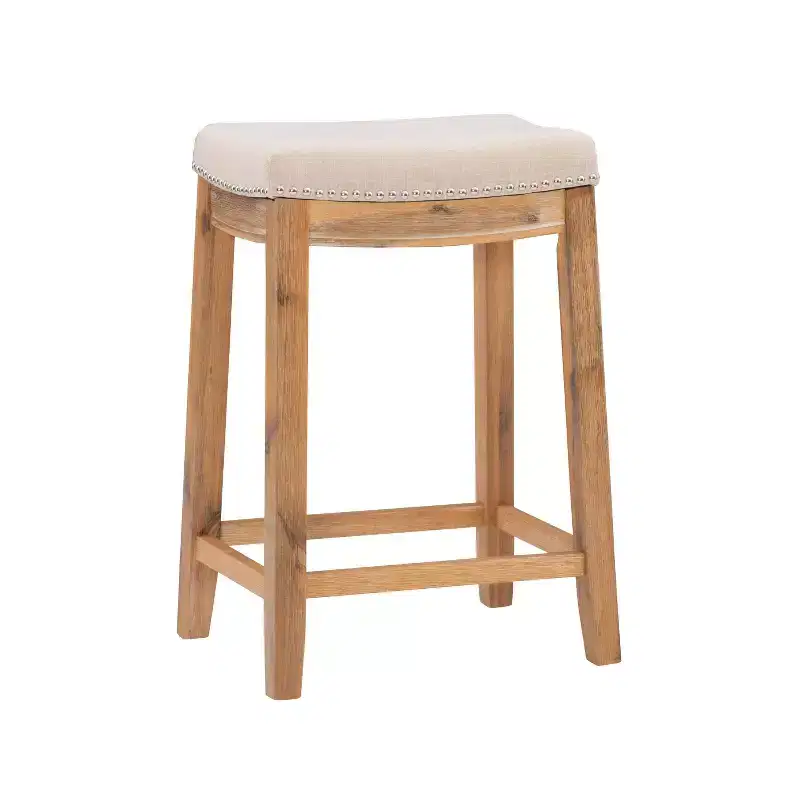 Counter Height Barstool Rustic Brown Natural Linen Upholstered Backless
