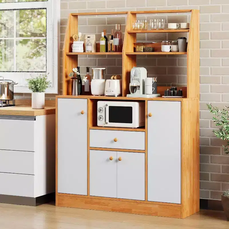 Acekool Small Farmhouse Coffee Bar Cabinet with 4 Doors & Adjustable Shelves, Wood Kitchen Buffet Hutch, Sideboard Pantry in Coffee + White
