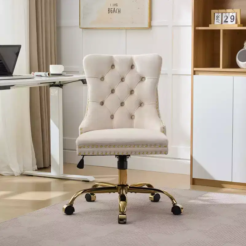 Modern Office Chair, Upholstered Desk Chair with Golden Metal Base and Decorative Buttons, Height-Adjustable Comfy Chair for Office, Home