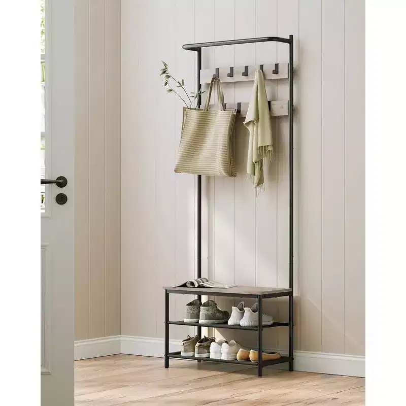 Hall Tree with Bench and Shoe Storage, Entryway Bench with Coat Rack Stand and Shoe Rack, Fabric Shelves