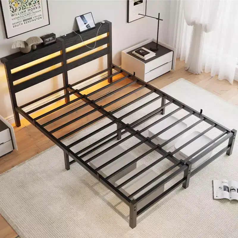 MAYEERTY Queen Size Black Metal Wooden Headboard Bed Frame RGB Lights Charger Storage Shelf Noise Free No Box Spring Needed