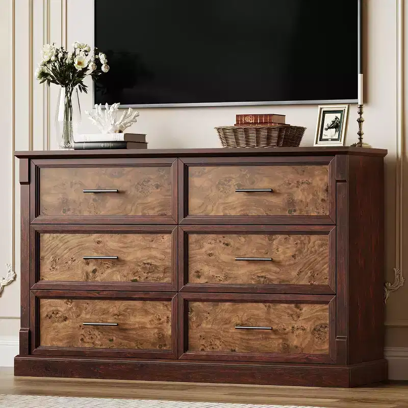 COZONY 47 6-Drawer Farmhouse Dresser  Rustic Wooden Double Chest with Metal Handles for Bedroom, Living Room & Hallway Storage