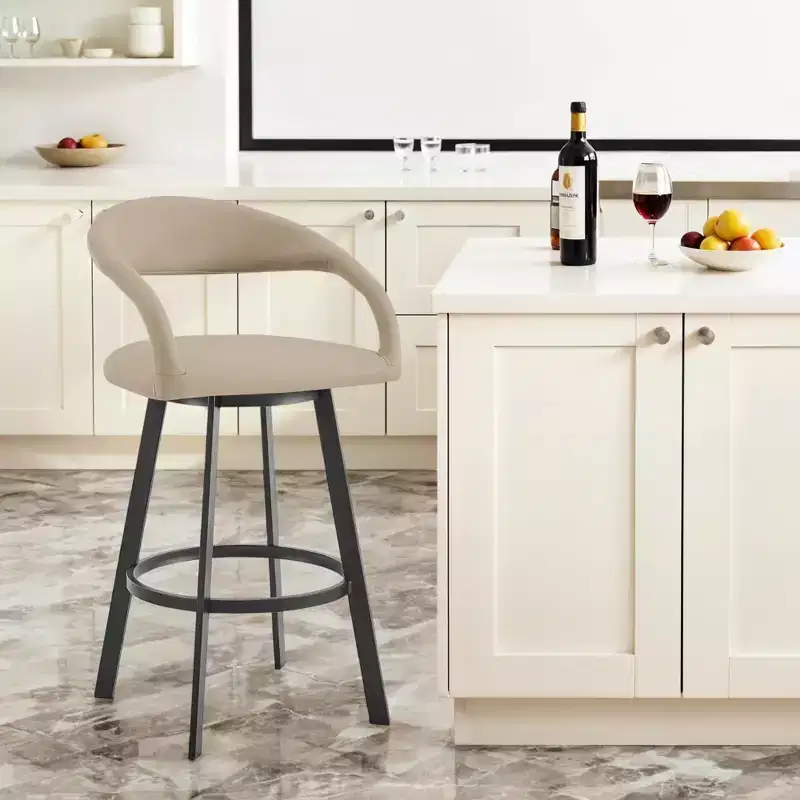 HomeRoots 30 Beige and Black Faux Leather and Iron Low Back Bar Height Swivel Bar Chair