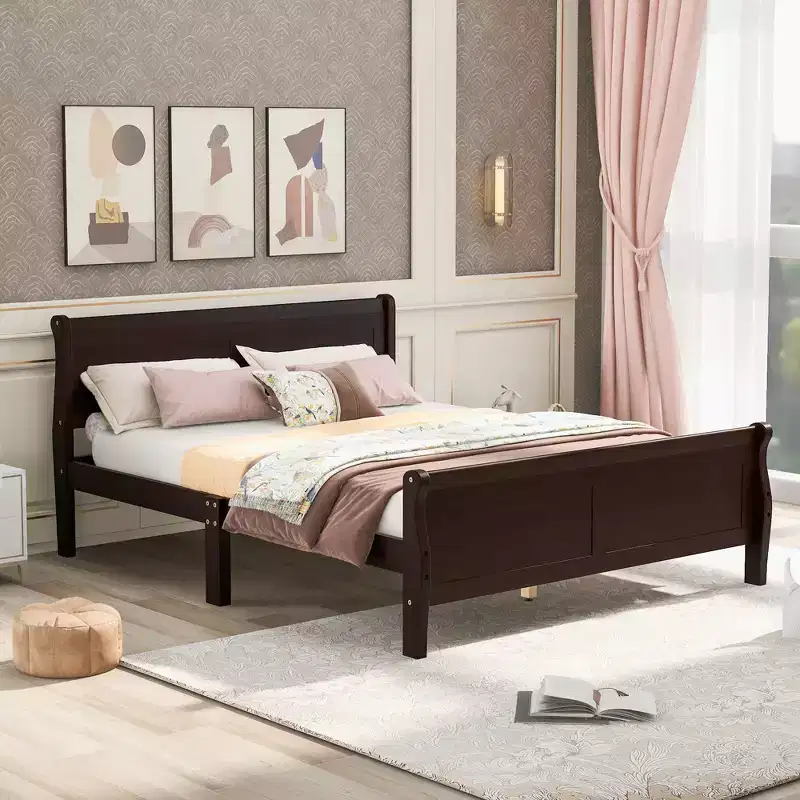 Full Size Wood Platform Bed with Headboard and Wooden Slat Support (Oak)
