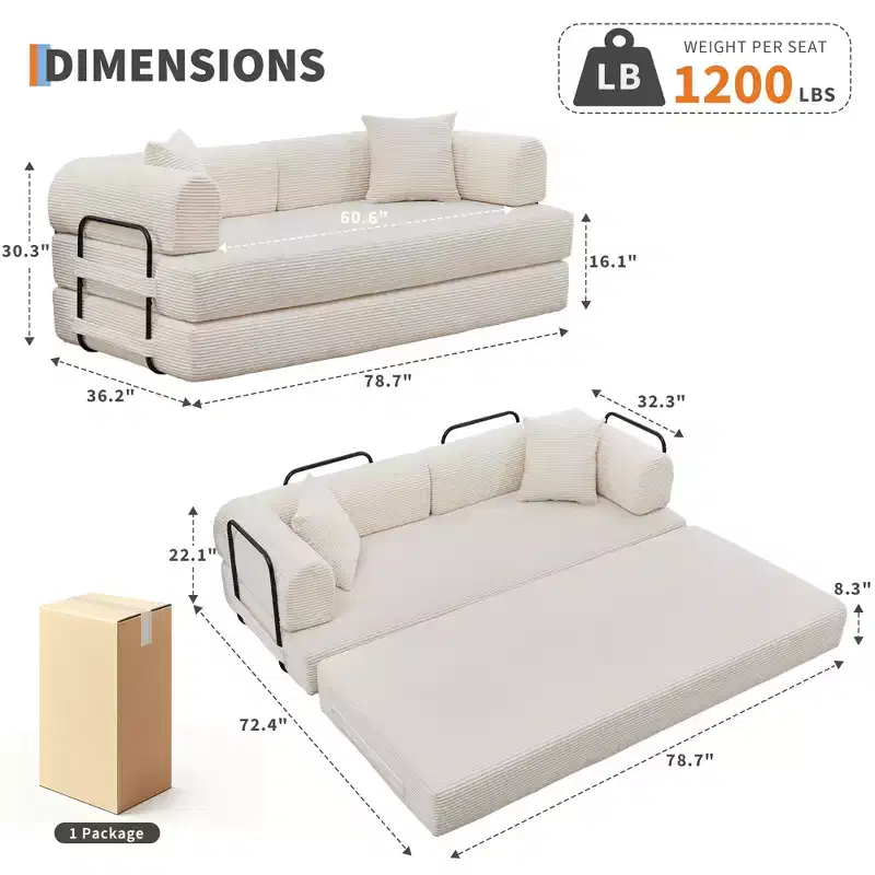 4-in-1 Convertible Sleeper Sofa Bed, 79 Frameless Corduroy Folding Floor Mattress Couch w/ Pillow, No Assembly Loveseat for Small Apartment