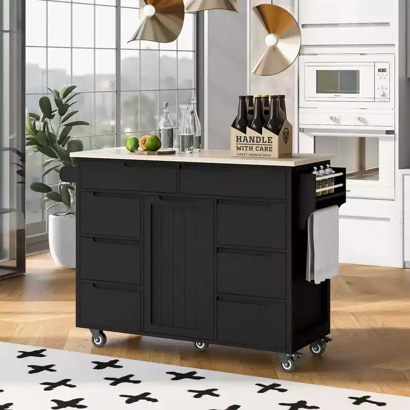 Modern Kitchen Island with 8 Drawers and 5 Wheels