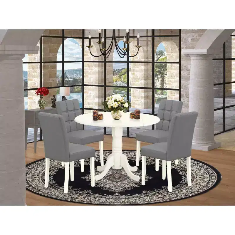HomeStock Belmont 5 Piece Dining Table Set Includes a Round Dining Table with Dropleaf and 4 Chairs, Linen White