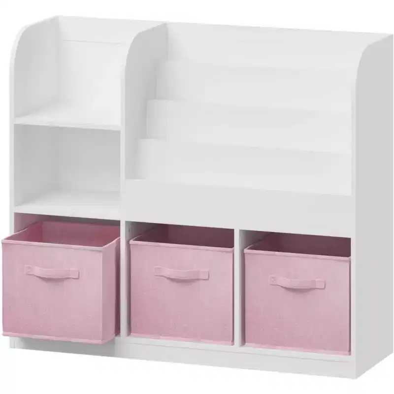 Kids Toy Storage Organizer with 3 Foldable Fabric Drawers, Wooden Open Shelf Bookcase with Storage Cubbies for Home Playroom, Hallway & Kindergarten
