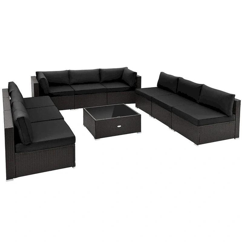 10 Piece Outdoor Wicker Conversation Set with Seat and Back Cushions - 29 x 25 x 25