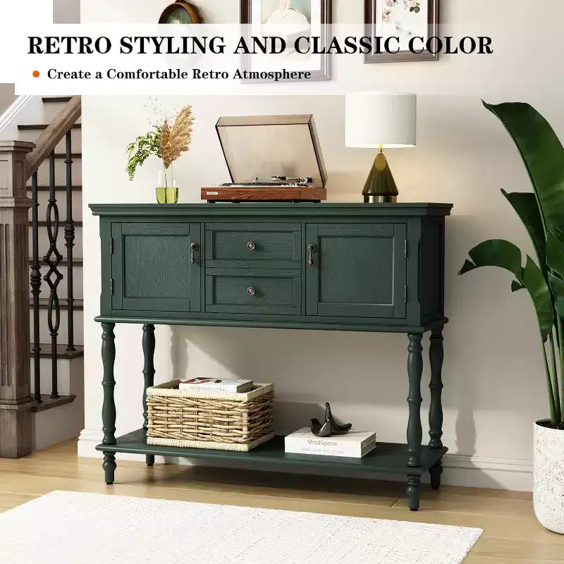 Retro Console Table with Drawers and Cabinets, Slim Sofa Table with Open Shelf for Entryway or Living Room