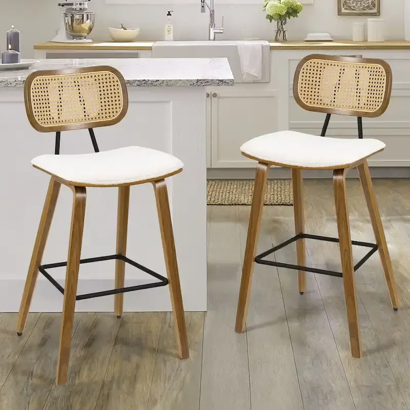 26-inch Wood Counter Height Bar Stools with Rattan Back
