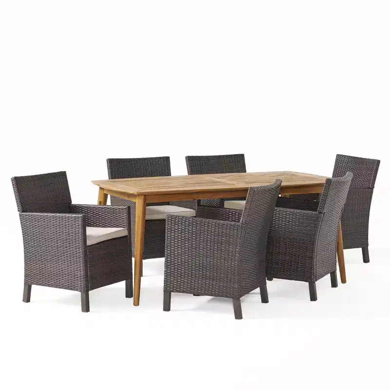 Christopher Knight Home Reese Outdoor Wicker and Acacia Wood 7 Piece Dining Set with Cushion, Multibrown/Teak