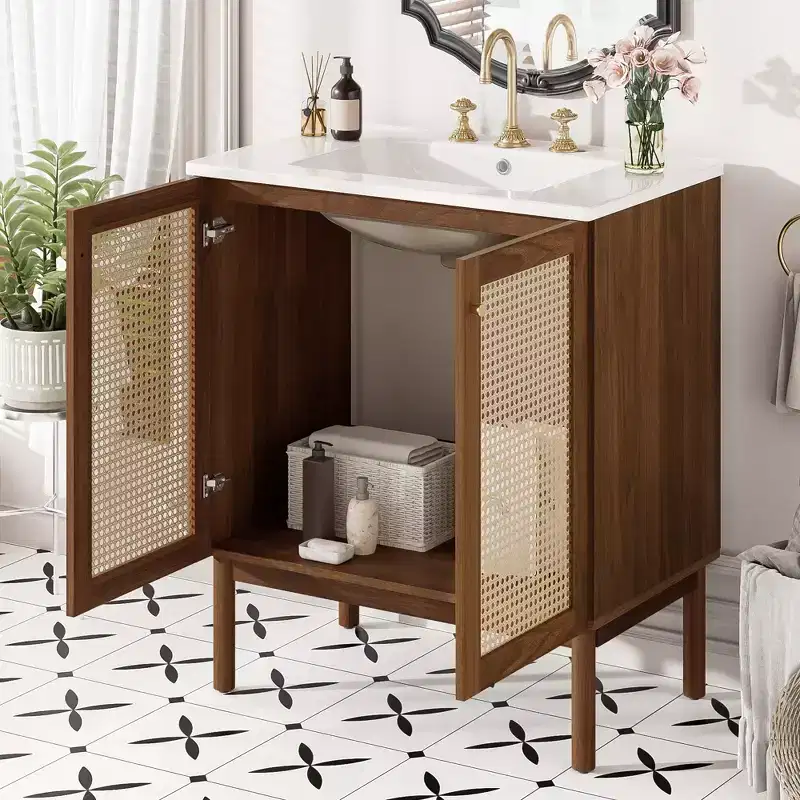JVNOXK 30-inch Bathroom Vanity MDF cabinet body Hand-woven bamboo doors with soft-close mechanism Suitable for bedrooms Walnut