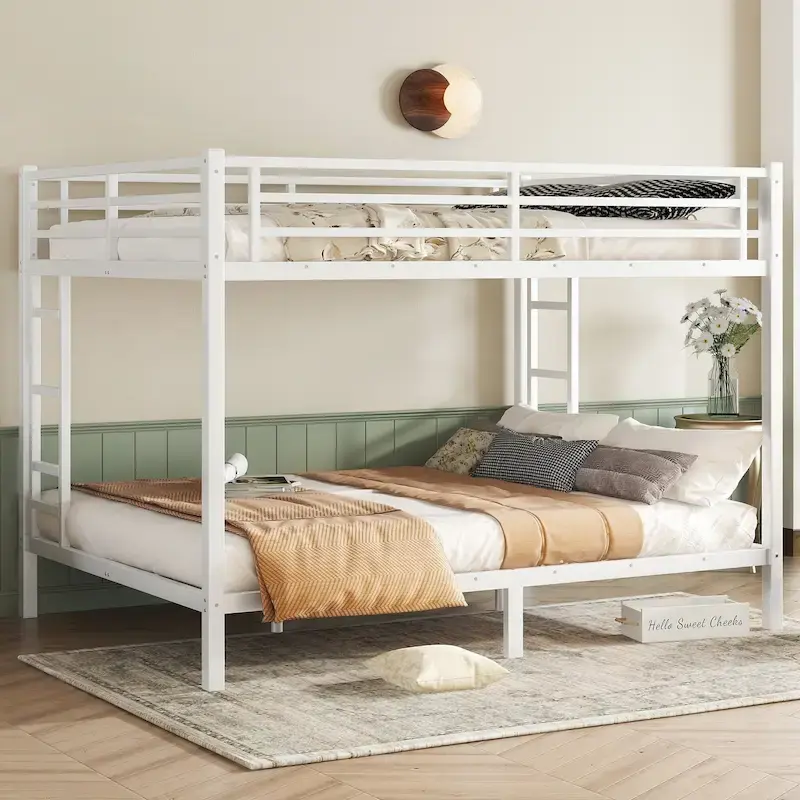 Heavy Duty Queen Over Queen Metal Bunk Bed - White