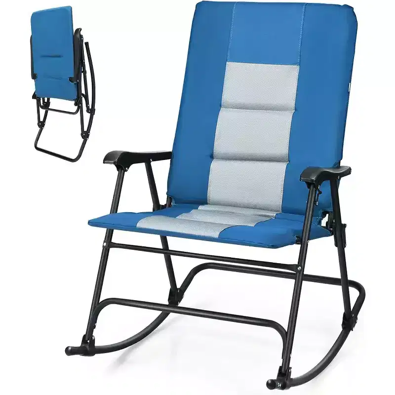 Gymax Large Foldable Rocking Chair with Metal Frame Armrests and Side Pocket for Outdoor Backyard Use