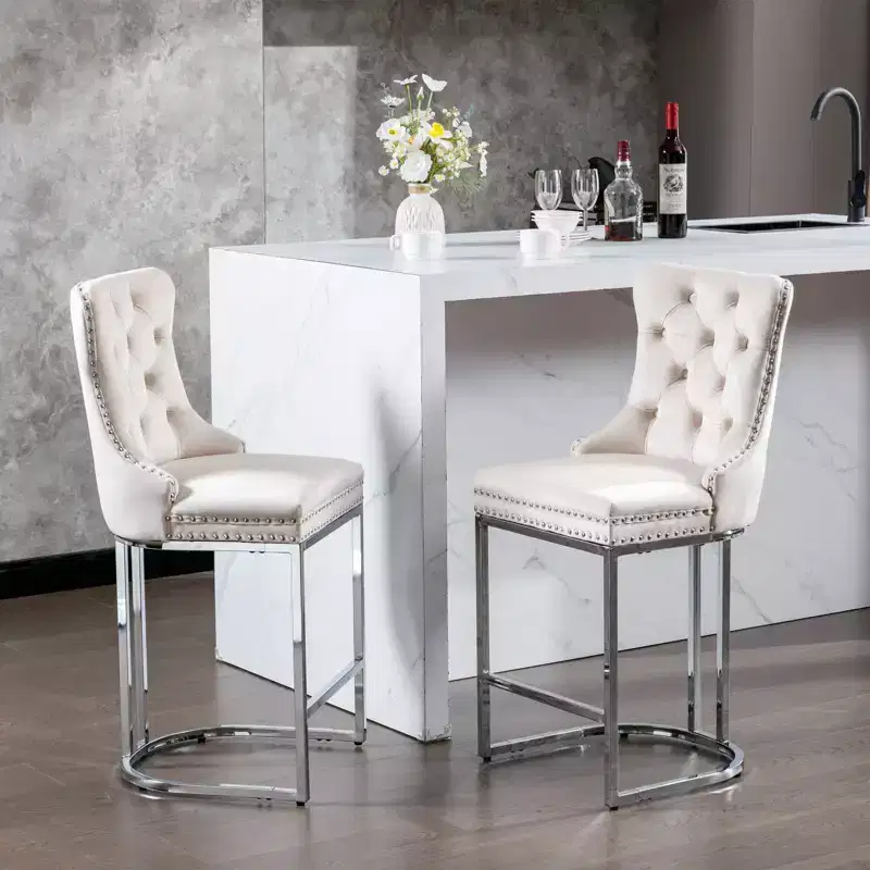 Okak Counter Bar Stools Set of 2, Modern Velvet Upholstery with Button Tufting & Rivet Trim, Brushed Nickel Metal Base for Kitchen Island