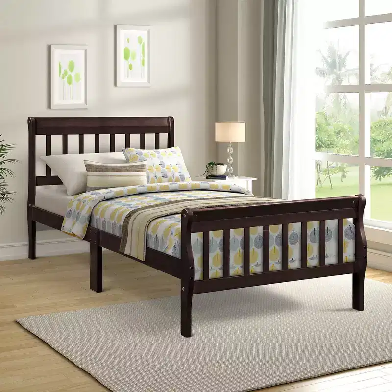 Whisen Twin Size Solid Wood Sleigh Platform Bed with Hollow Headboard and Footboard