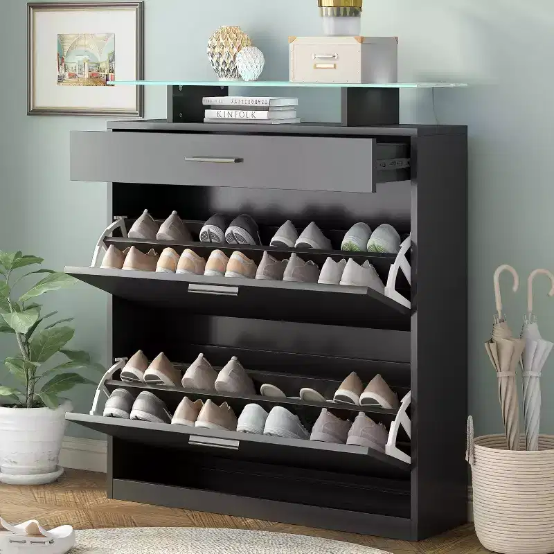 Slim Entryway Storage Cabinet Fashion Organizer with 2 Flip Drawers, Tempered Glass Top with LED Lights, Black, for Hallway Corridor