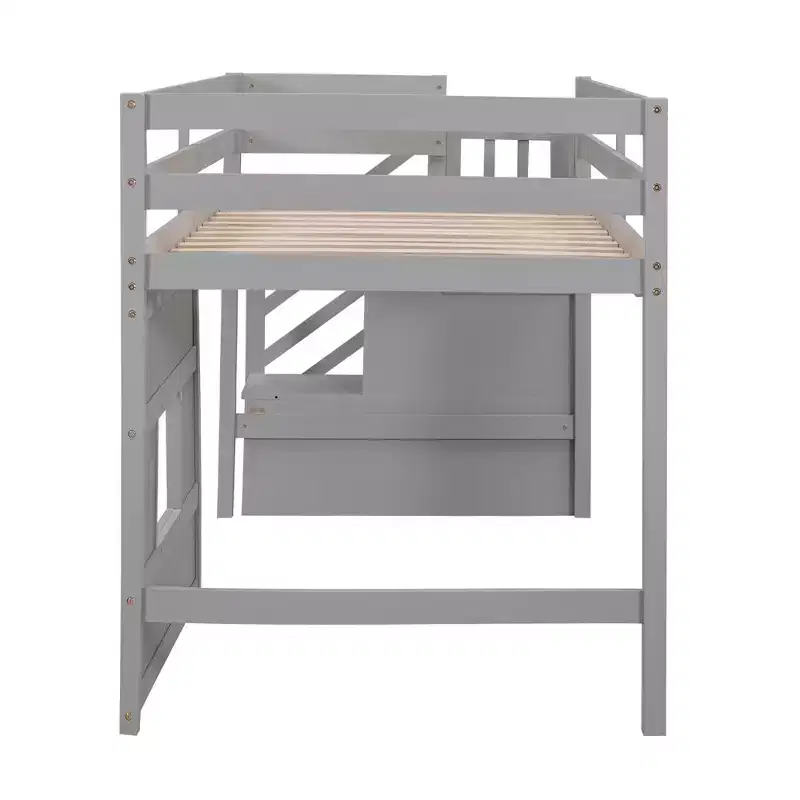 Twin Size Low Loft Bed with Storage Staircase and Window, Wooden Twin Loft Bed Frame with Under-Bed Space for Kids Teens
