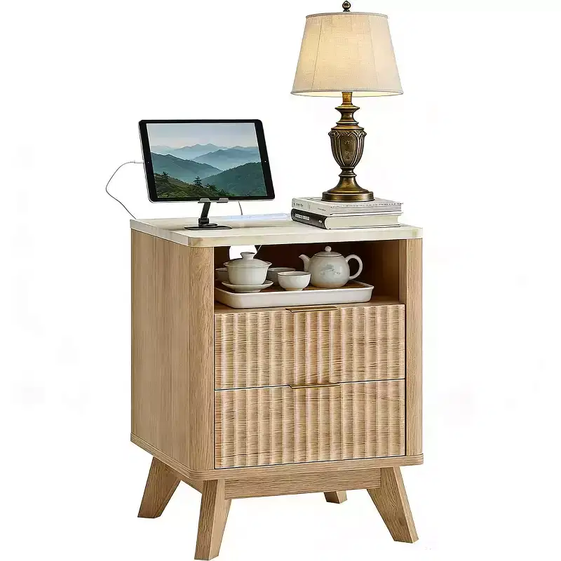 18 Small Nightstand with Charging Station, Faux Marble Top, 2 Drawer Oak Nightstand, Modern Curved Bedside Table for Bedroom/Living Room