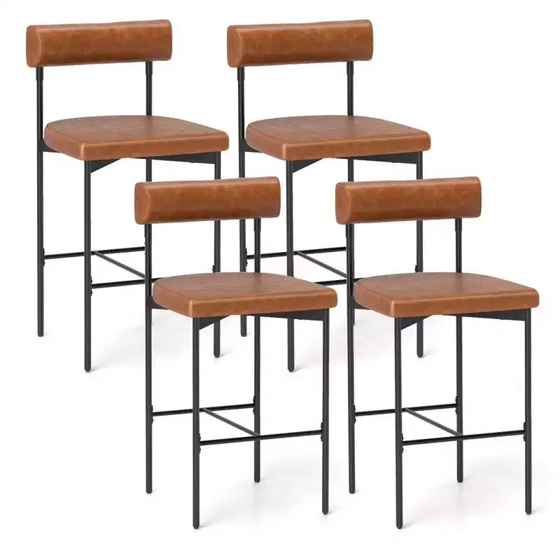 Costway 26 Upholstered Bar Stools Set of 4 with Padded Cushion & Backrest Footrest Brown/Gray