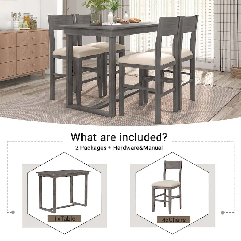 5 Pcs Counter Height Dining Table Set, Solid Wood Kitchen Dining Table Set with Rectangular Dining Table and 4 Dining Chairs