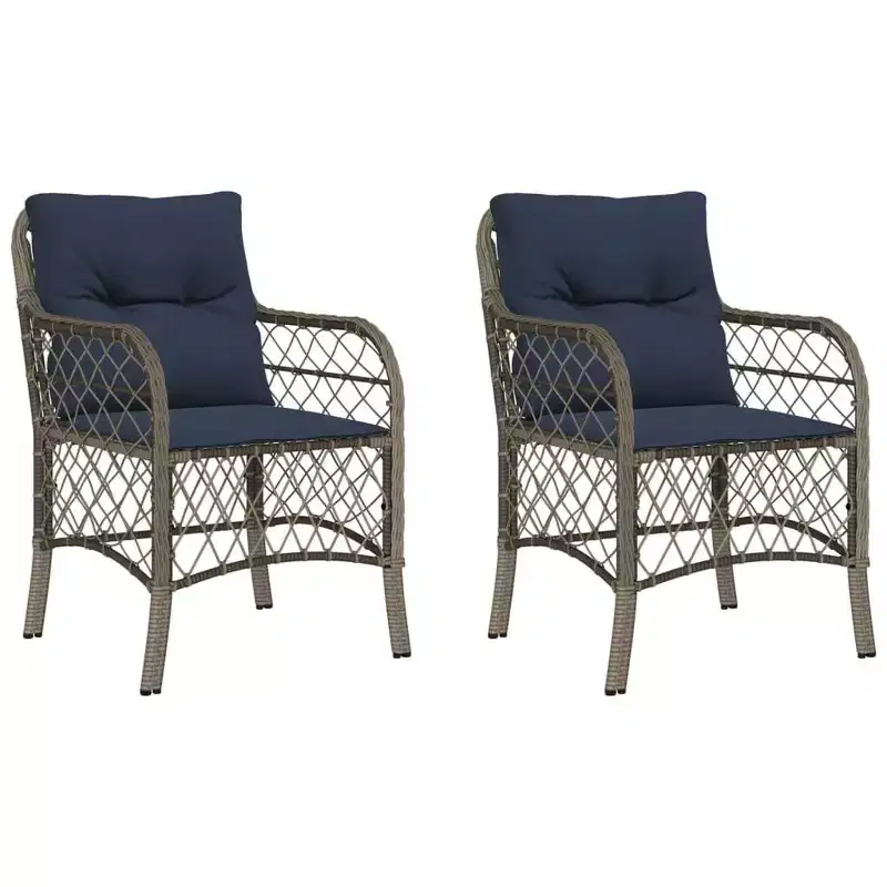 vidaXL Comfortable Poly Rattan Patio Chairs with Navy Cushions - Set of 2, UV and Weather-Resistant, Easy Clean Outdoor Seating