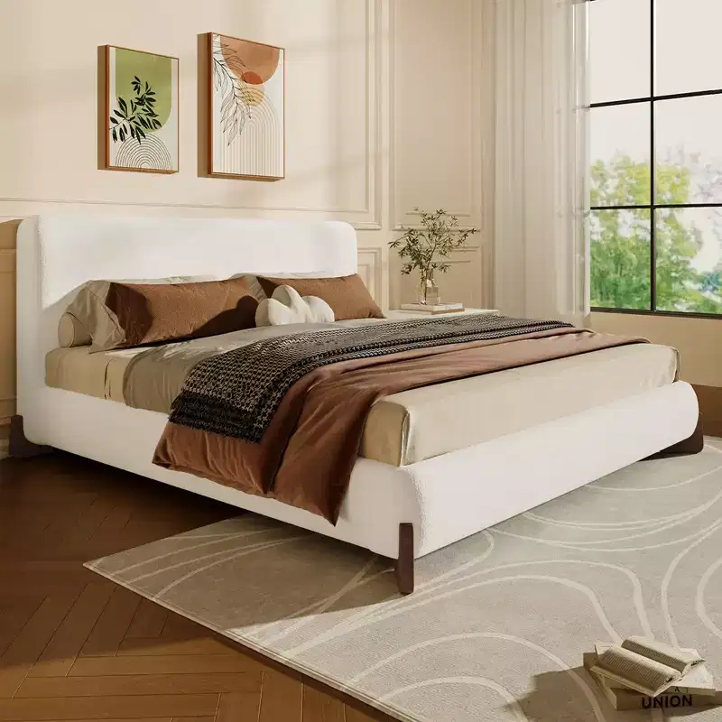 Queen Size Upholstered Bed with Terry Fabric, Solid Wood Legs and Padded Frame, White