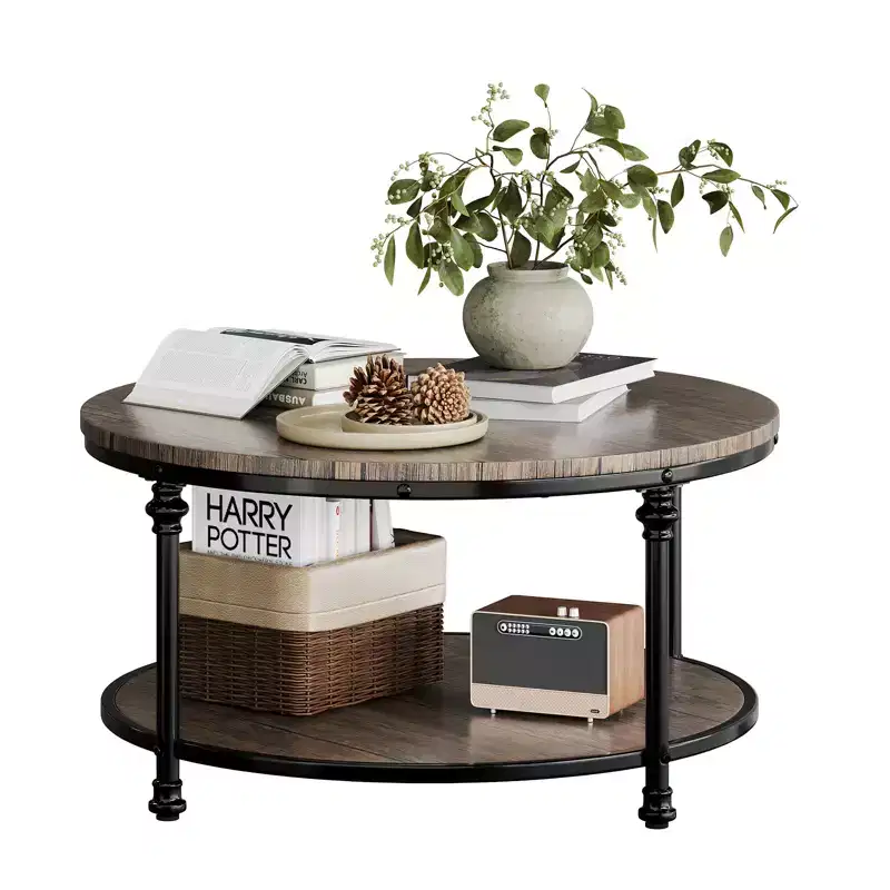 2-Tier Round Coffee Table – Rustic Wood Grain Top with Black Metal Frame