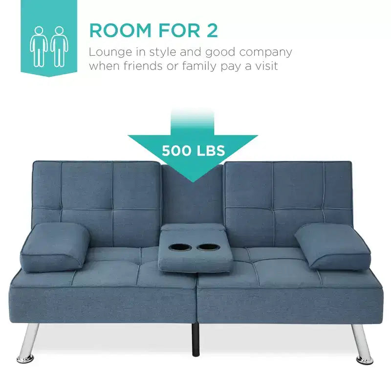 Best Choice Products Modern Linen Convertible Futon Sofa Bed w/ Removable Armrests, Metal Legs, Cupholders
