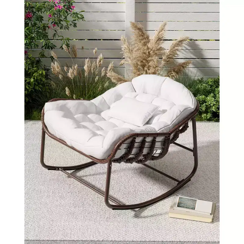 Rattan Oversized Papasan Rocking Chair with Thick White Cushion, Adult Egg Rocker & Lounge Seat for Outdoor Patio & Living Room Reading
