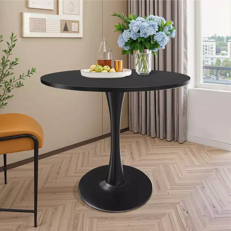 MAYEERTY 31.5 Small Round Dining Tulip Table, Wood Top, Metal Base, Seats 2-4, Black
