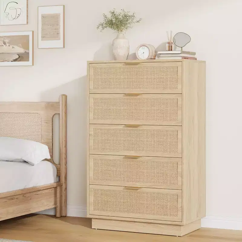 5 Drawer Rattan Dresser, Natural Rattan Weave Wooden Storage Cabinet, Wooden Chest, Easy Assembly, for Hallways, Entryways