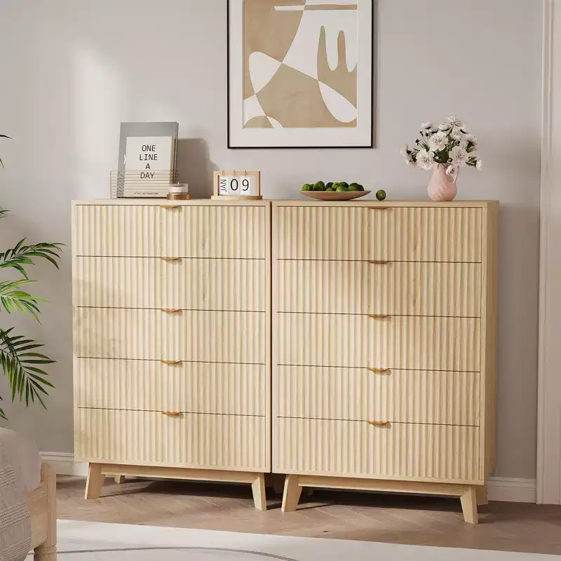 5 Drawer Dressers 2 Pcs, Fluted Closet Dressers Chest of Drawers, Wood Dresser Chest of Drawers Organizer for Bedroom Living Room Hallway, Natural