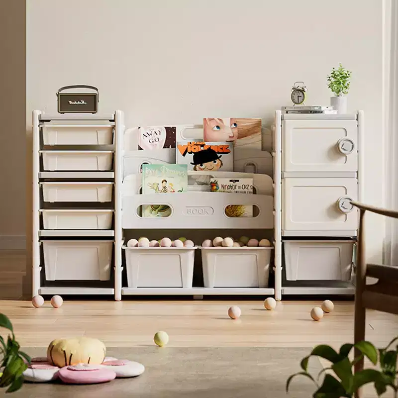 Storage Organizer 8 storage cabinet Removable Toy Bins, 4-Tier Book organizers Storage and 2 cabinet storage for Playroom, Bedroom, Kids Room