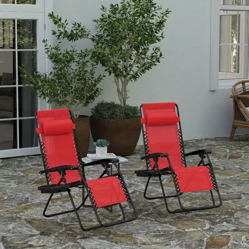 Merrick Lane Set of 2 Folding Mesh Upholstered Zero Gravity Chair with Removable Pillow and Cupholder Tray