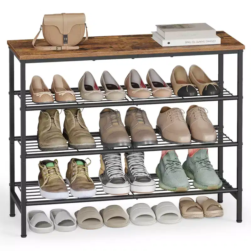 VASAGLE Shoe Rack, Shoe Storage Rack for Closet, Free Standing Metal Organizer Shelf, 4 Tiers, for 1216 Pairs, Rustic Brown and Ink Black