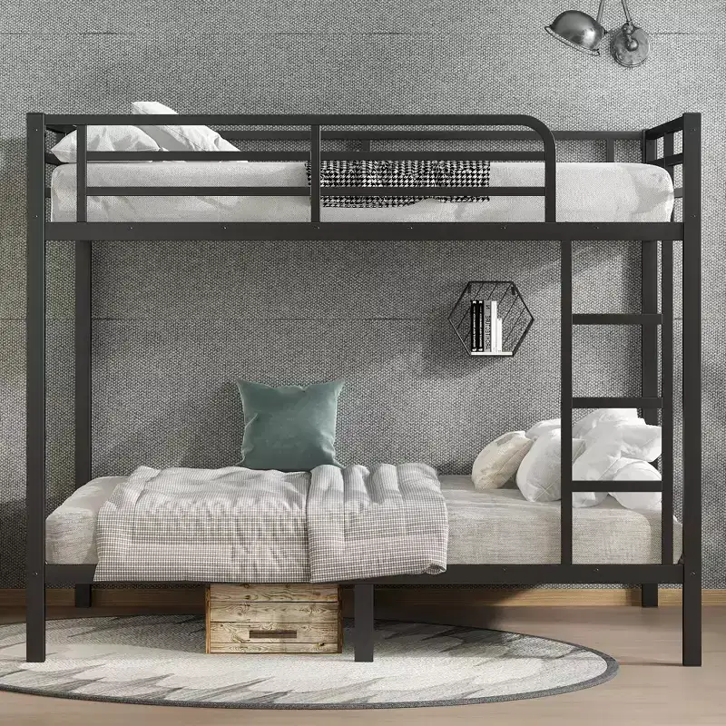 Full over Full Metal Bunk Bed for Teens and Adults, Heavy-Duty Noise-Free Frame, Black and White