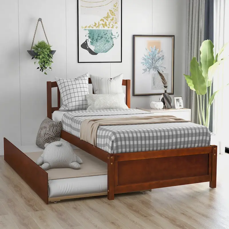 Twin Platform Wood Bed with Trundle, Sleeps 2 (Grey / Walnut / Espresso / White)