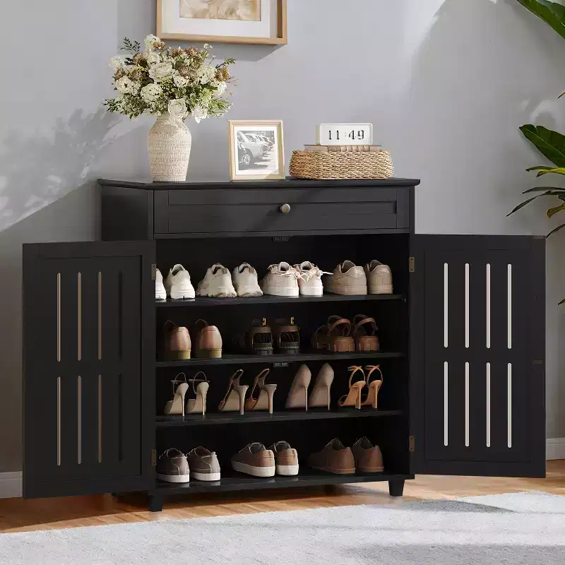 4-Tier Wooden Shoe Storage Cabinet with Louvered Doors
