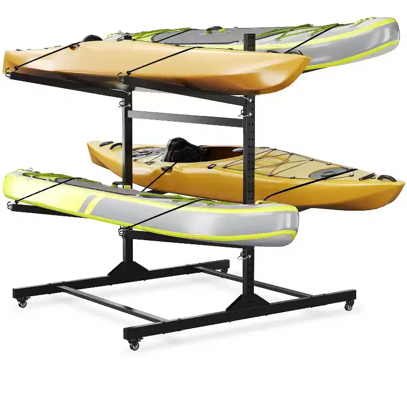 Freestanding Kayak Rack Lockable Wheels Removable Shelves Triangular Base